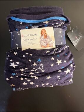Cuddl Duds Navy Celestial Star Fleece Pajama 2 Piece Set Blue White Yellow XL